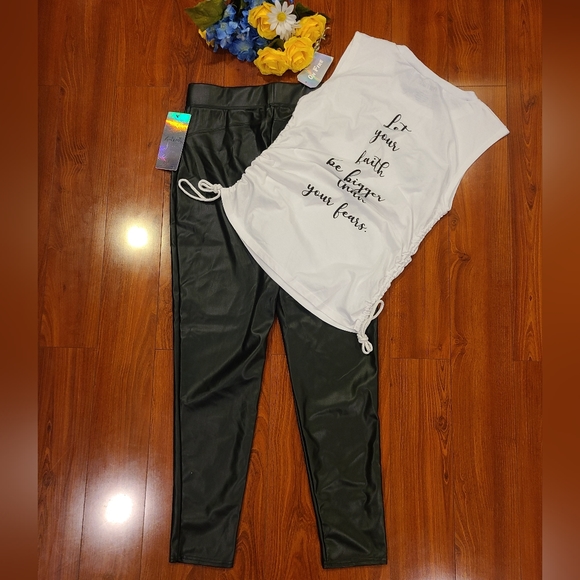 Bundle 2pc White Faith Tank Top (XL) & Black Leggings (L) - Picture 2 of 6